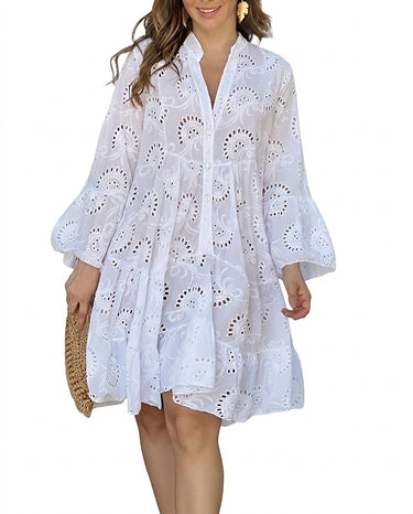 Women’s Eyelet Embroidery Tiered Shirt Mini Dress White