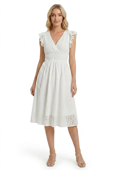Women's Eyelet Midi Dress with Smocked Waist White