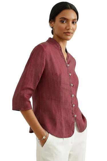Women’s Fitted Mandarin Collar Linen Shirt-Shirts for women-CaldwellVoss