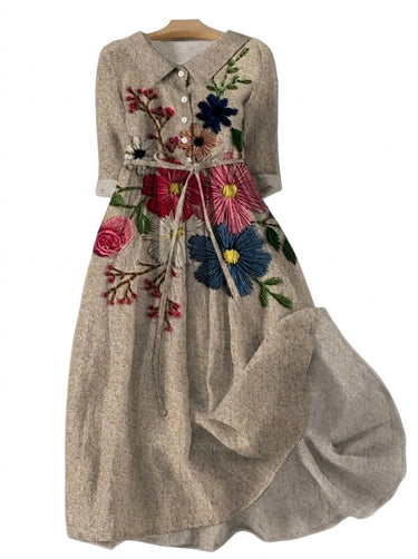 Women’s Floral Embroidered Button Front Midi Dress-Midi Dress-CaldwellVoss