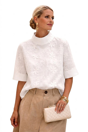 Women's Floral Embroidered High Neck Blouse White