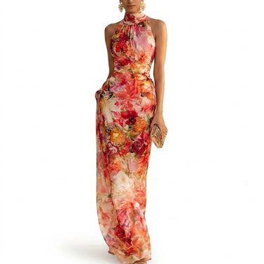 Women’s Floral Print Halter Neck Maxi Dress Pink