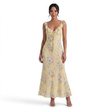 Women’s Floral Print Maxi Dress with Ruffle Trim-Maxi Dress-CaldwellVoss