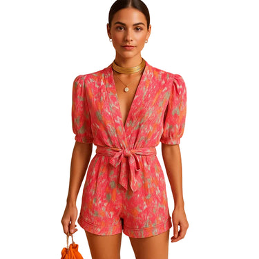 Women’s Floral Short Jumpsuit with V-Neck and Tie Waist-Jumpsuits for women-CaldwellVoss