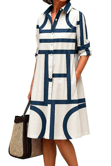 Women's Geometric Pattern Midi Shirt Dress White Blue