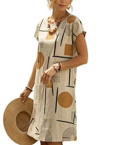 Women’s Geometric Print Short Sleeve Midi Dress Beige