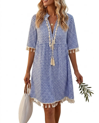 Women's Geometric Print Tassel Mini Dress Blue