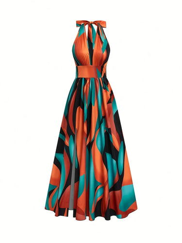 Women's Halter Neck Abstract Print Maxi Dress Multicolor