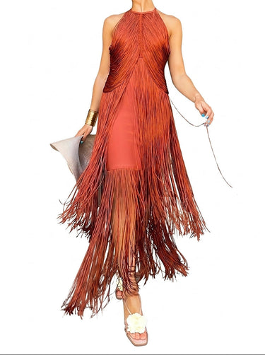 Women’s Halter Neck Fringe Maxi Dress-Maxi Dress-CaldwellVoss