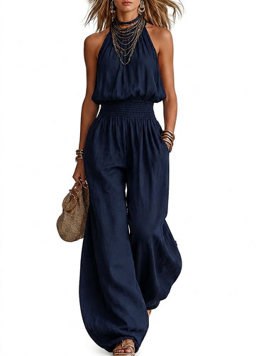 Women’s Halter Neck Jumpsuit with Smocked Waist-Jumpsuits for woman-CaldwellVoss