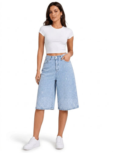 Women’s High Waist Rhinestone Bermuda Shorts-Shorts for women-CaldwellVoss
