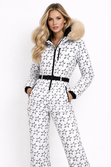 Women’s Houndstooth Print Ski Jumpsuit with Faux Fur Hood-Jumpsuits for women-CaldwellVoss