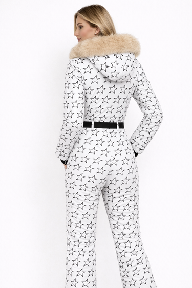 Women’s Houndstooth Print Ski Jumpsuit with Faux Fur Hood-Jumpsuits for women-CaldwellVoss