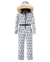 Women’s Houndstooth Print Ski Jumpsuit with Faux Fur Hood-Jumpsuits for women-CaldwellVoss