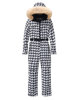 Women’s Houndstooth Print Ski Jumpsuit with Faux Fur Hood-Jumpsuits for women-CaldwellVoss