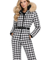 Women’s Houndstooth Print Ski Jumpsuit with Faux Fur Hood-Jumpsuits for women-CaldwellVoss