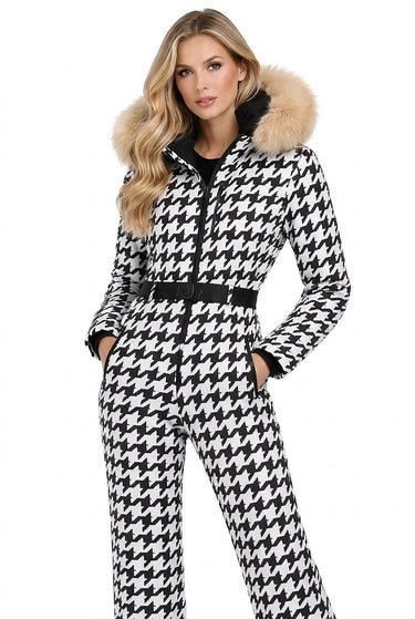 Women’s Houndstooth Print Ski Jumpsuit with Faux Fur Hood-Jumpsuits for women-CaldwellVoss