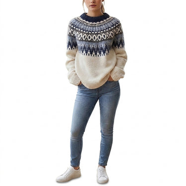 Women’s Jacquard Knit Round Neck Long Sleeve Sweater-Sweaters for Women-CaldwellVoss