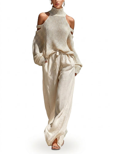 Women’s Knit Cold Shoulder Sweater and Wide Leg Trouser Set-Sets for women-CaldwellVoss