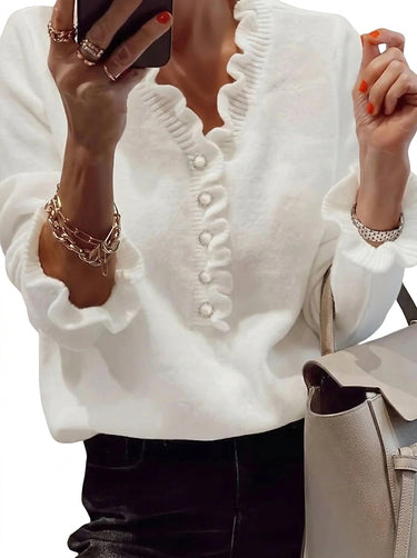 Women’s Knit Pullover with Ruffled V-Neck and Button Detail-Sweaters for Women-CaldwellVoss