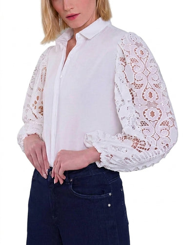 Women's Lace Sleeve Button Down Blouse White