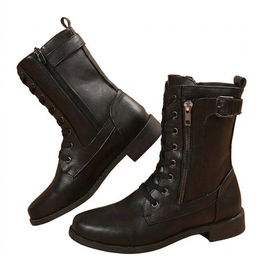 Women’s Lace-Up Mid-Calf Boots with Side Zippers and Buckle-Footwear for women-CaldwellVoss