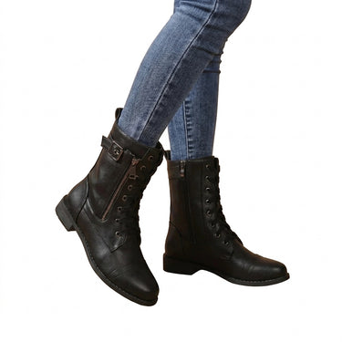 Women’s Lace-Up Mid-Calf Boots with Side Zippers and Buckle-Footwear for women-CaldwellVoss