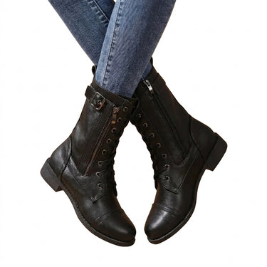 Women’s Lace-Up Mid-Calf Boots with Side Zippers and Buckle-Footwear for women-CaldwellVoss