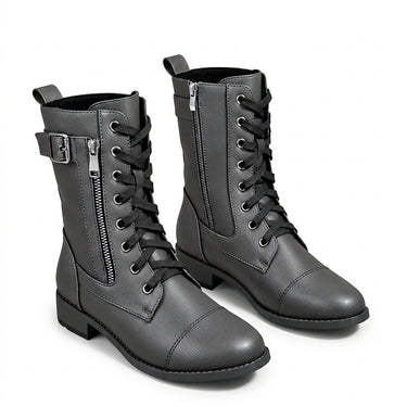 Women’s Lace-Up Mid-Calf Boots with Side Zippers and Buckle-Footwear for women-CaldwellVoss