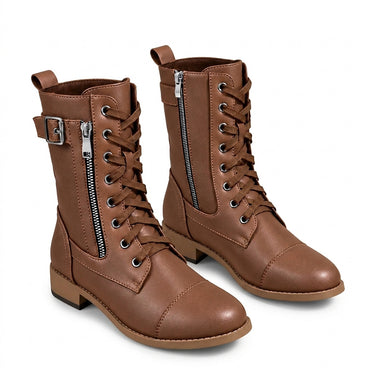 Women’s Lace-Up Mid-Calf Boots with Side Zippers and Buckle-Footwear for women-CaldwellVoss