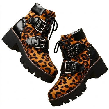 Women’s Leopard Print Ankle Boots with Buckle Straps-Footwear for women-CaldwellVoss