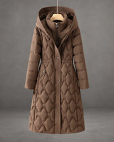 Women’s Long Hooded Puffer Coat with Geometric Quilted Pattern-Coats for women-CaldwellVoss