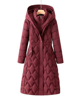 Women’s Long Hooded Puffer Coat with Geometric Quilted Pattern-Coats for women-CaldwellVoss