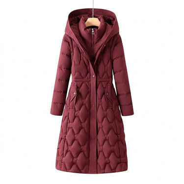 Women’s Long Hooded Puffer Coat with Geometric Quilted Pattern-Coats for women-CaldwellVoss