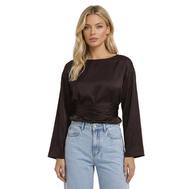 Women's Long Sleeve Boat Neck Blouse with Wrap Waist Tie and Flared Cuffs-Blouse for women-CaldwellVoss