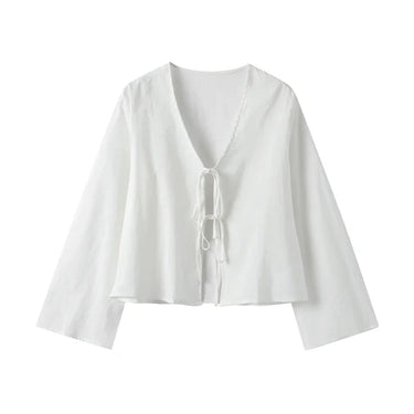 Women’s Long Sleeve Tie Front Crop Top-Tops for women-CaldwellVoss