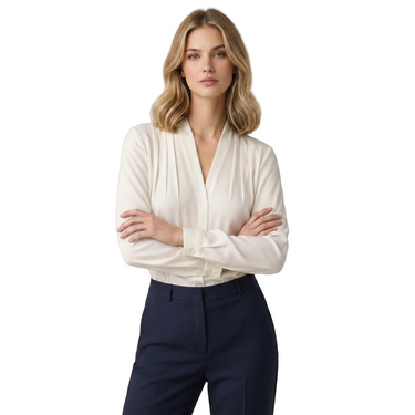 Women's Long Sleeve V-Neck Blouse with Pleated Front and Buttoned Cuffs-Blouse for women-CaldwellVoss