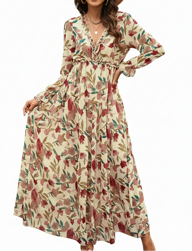 Women’s Long Sleeve V-Neck Tiered Maxi Dress with Floral Pattern-Maxi Dress-CaldwellVoss