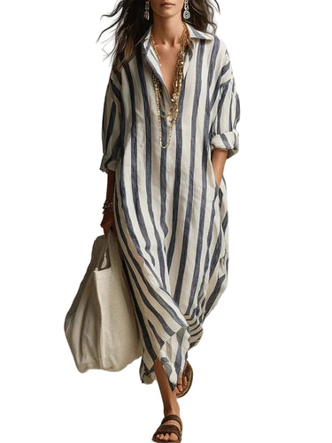Women's Long Striped Collared Shirt Dress-Maxi Dress-CaldwellVoss