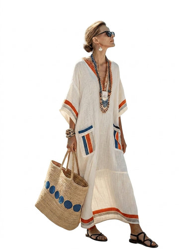 Women’s Maxi Kaftan Dress with Patch Pockets-Maxi Dress-CaldwellVoss