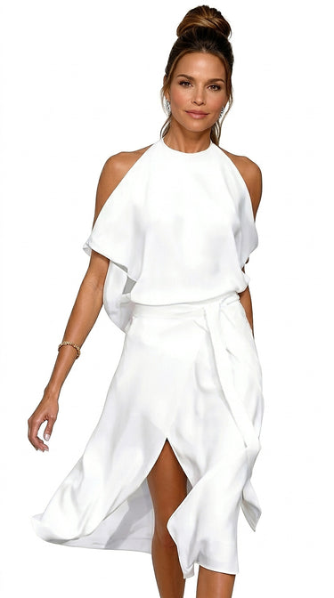 Women’s Midi Dress with Asymmetric Hem White