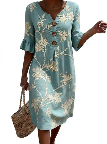 Women’s Midi Dress with Buttons and Floral Embroidery-Midi Dress-CaldwellVoss