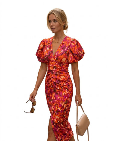 Women’s Midi Dress with Puff Sleeves-Midi Dress-CaldwellVoss