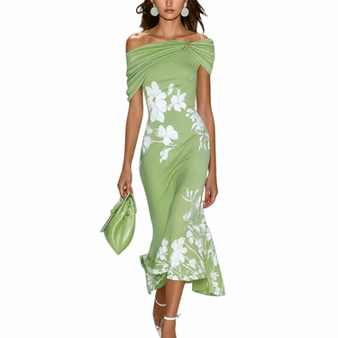 Women’s Off-Shoulder Floral Midi Dress with Draped Neckline-Midi Dress-CaldwellVoss