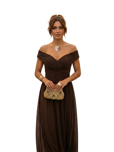 Women’s Off-Shoulder Maxi Dress with Ruched Waist-Maxi Dress-CaldwellVoss
