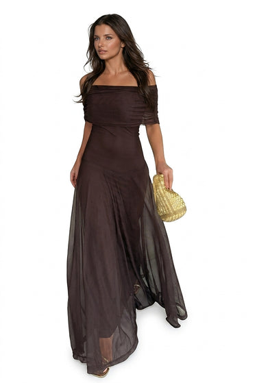 Women’s Off-Shoulder Mesh Overlay Maxi Dress-Maxi Dress-CaldwellVoss