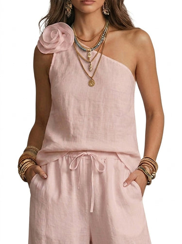 Women’s One-Shoulder Flower Top and Wide-Leg Pants Set Pink