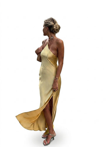 Women’s One-Shoulder Satin Maxi Dress with Slit Yellow