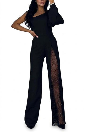 Women’s One-Shoulder Wide Leg Jumpsuit with Sheer Panel-Jumpsuits for women-CaldwellVoss