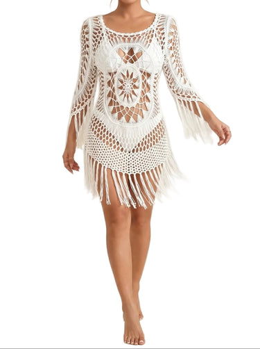 Women’s Openwork Cover-Up with Round Neckline and Fringe Hem-Swimwear for women-CaldwellVoss